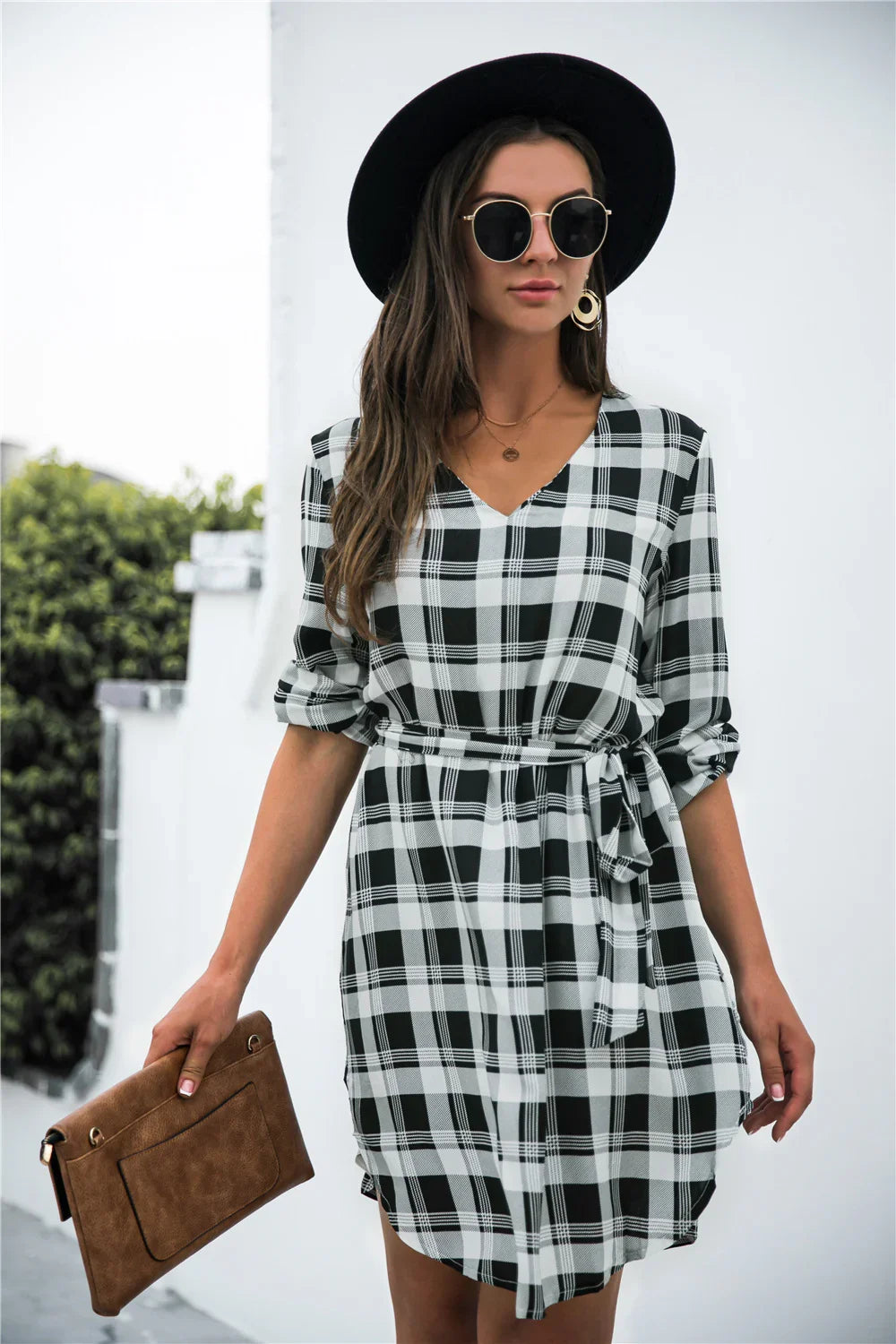 Plaid V-Neck Tie Waist Dress - Southern Shores Clothing