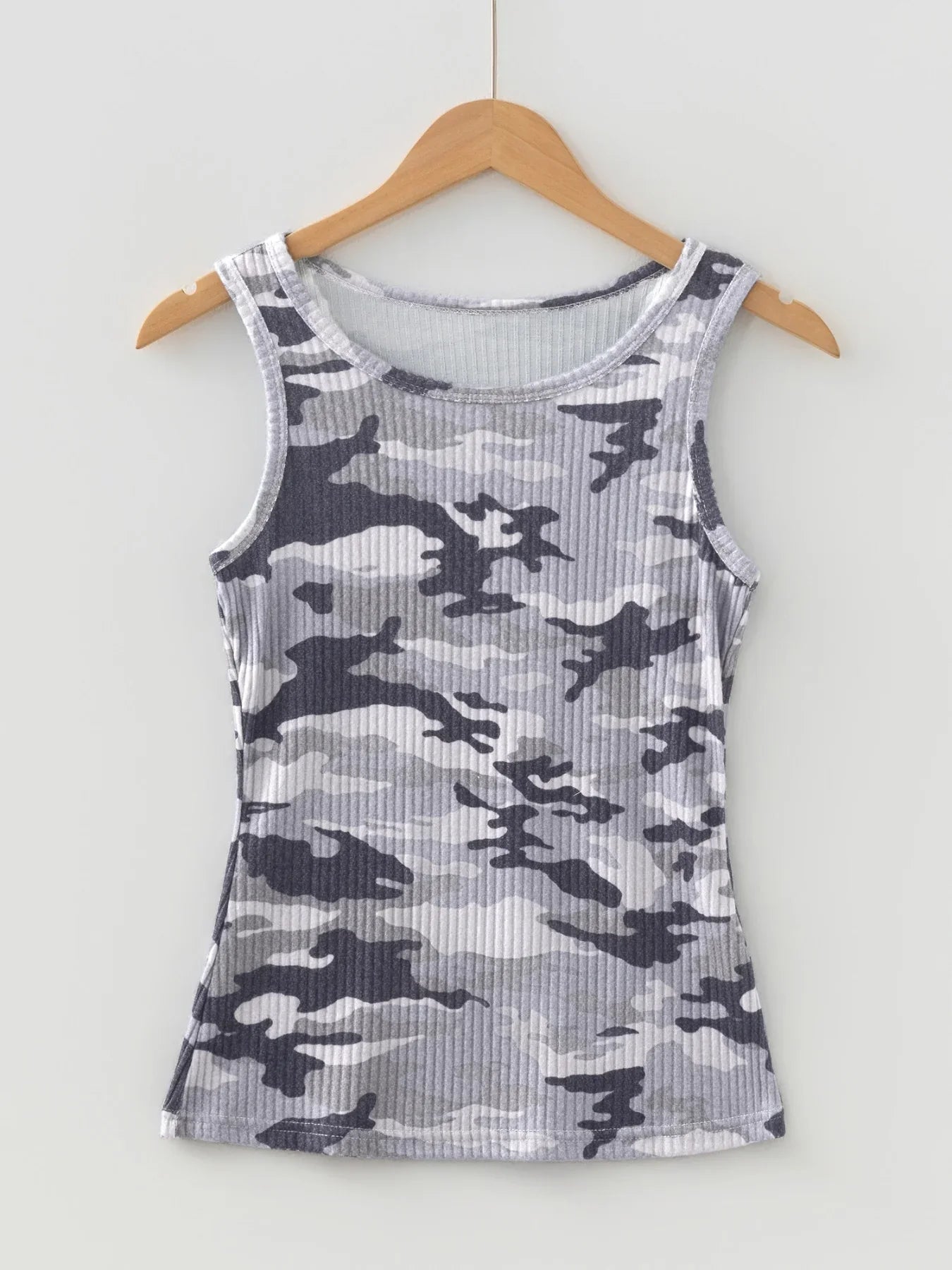 Camouflage Print Ribbed Knit Tank Top Round Neck Sleeveless - Southern Shores Clothing