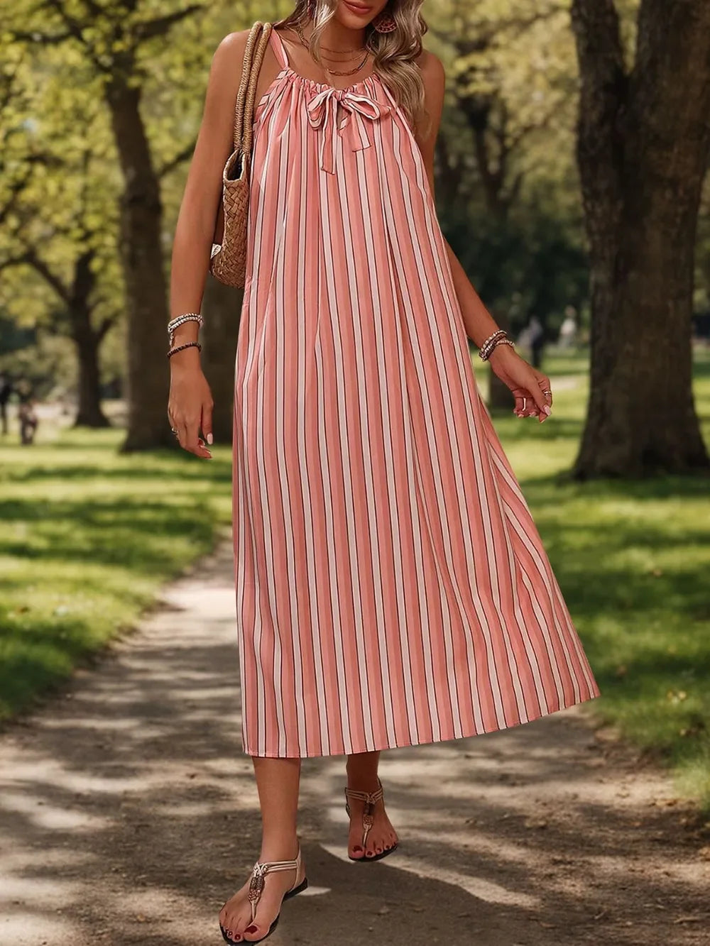 Striped Tie Neck Midi Cami Dress With Adjustable Fit And Flowy - Southern Shores Clothing
