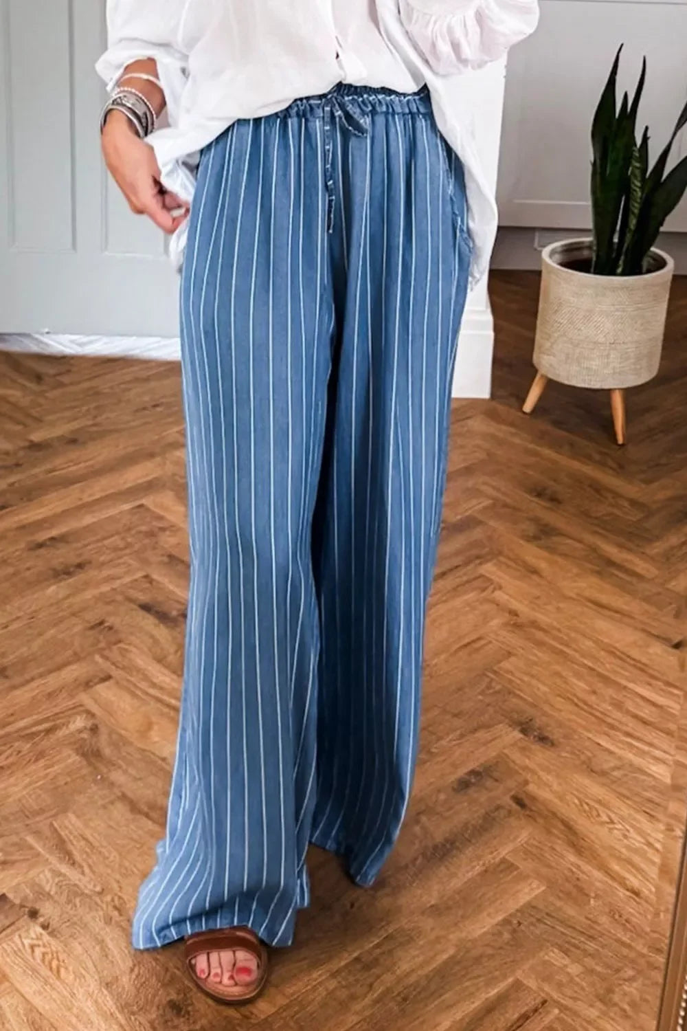 Coastal Stripe Chambray Wide Leg Jeans Tied Elastic Waist - Southern Shores Clothing
