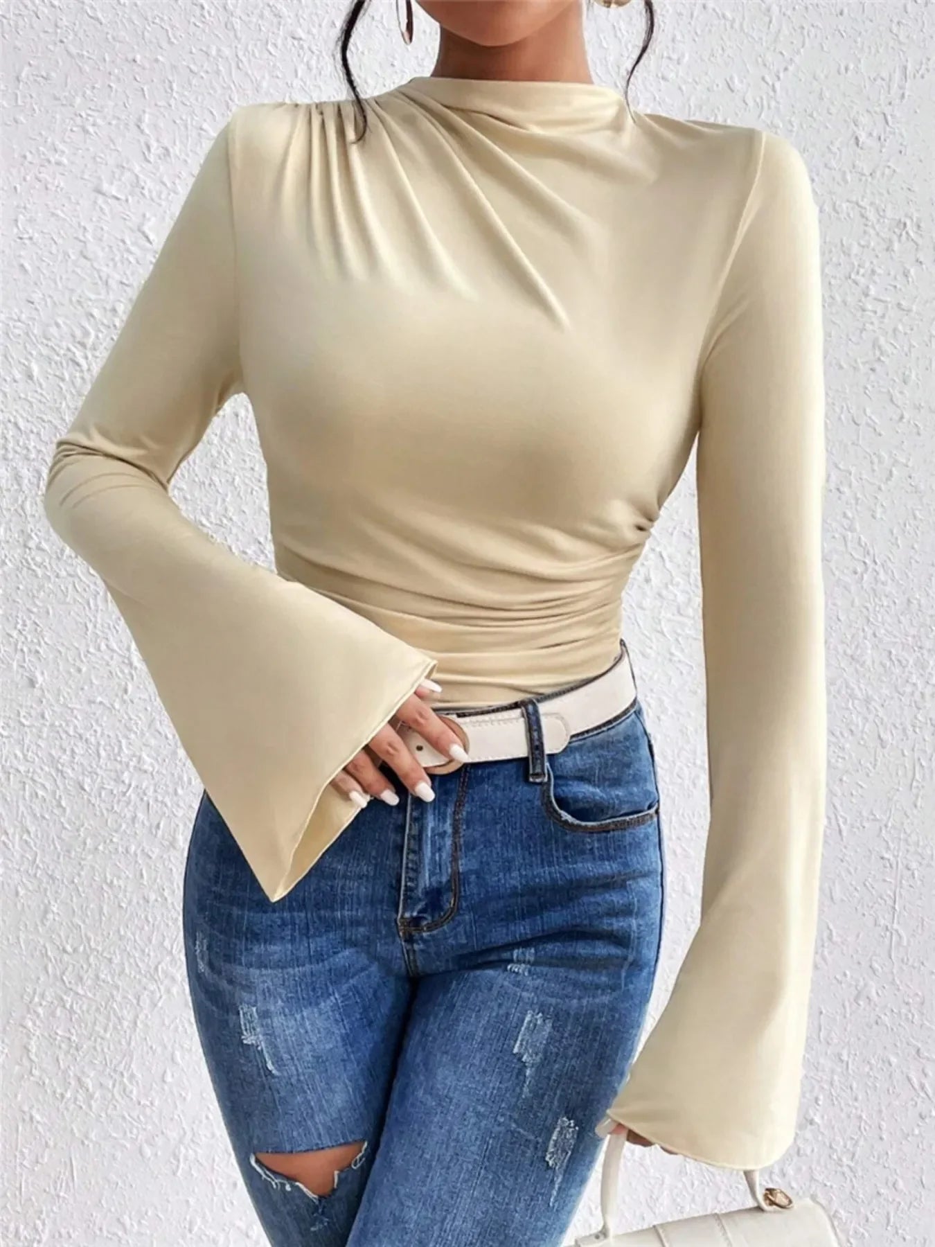 Bell Sleeve Ruched Fitted T-Shirt with Mock Neck - Southern Shores Clothing
