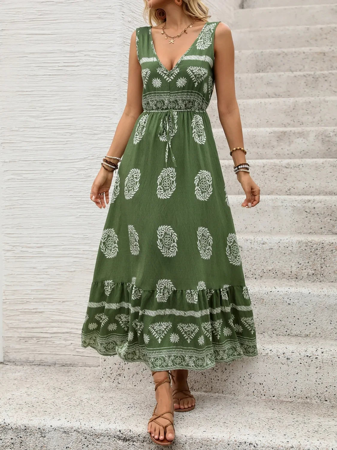 Printed V-Neck Sleeveless Maxi Dress With Tie Waist Tiered Hem - Southern Shores Clothing