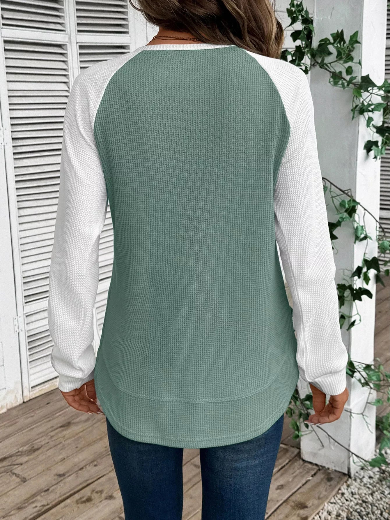 Contrast Raglan Sleeves Waffle Knit T Shirt - Southern Shores Clothing