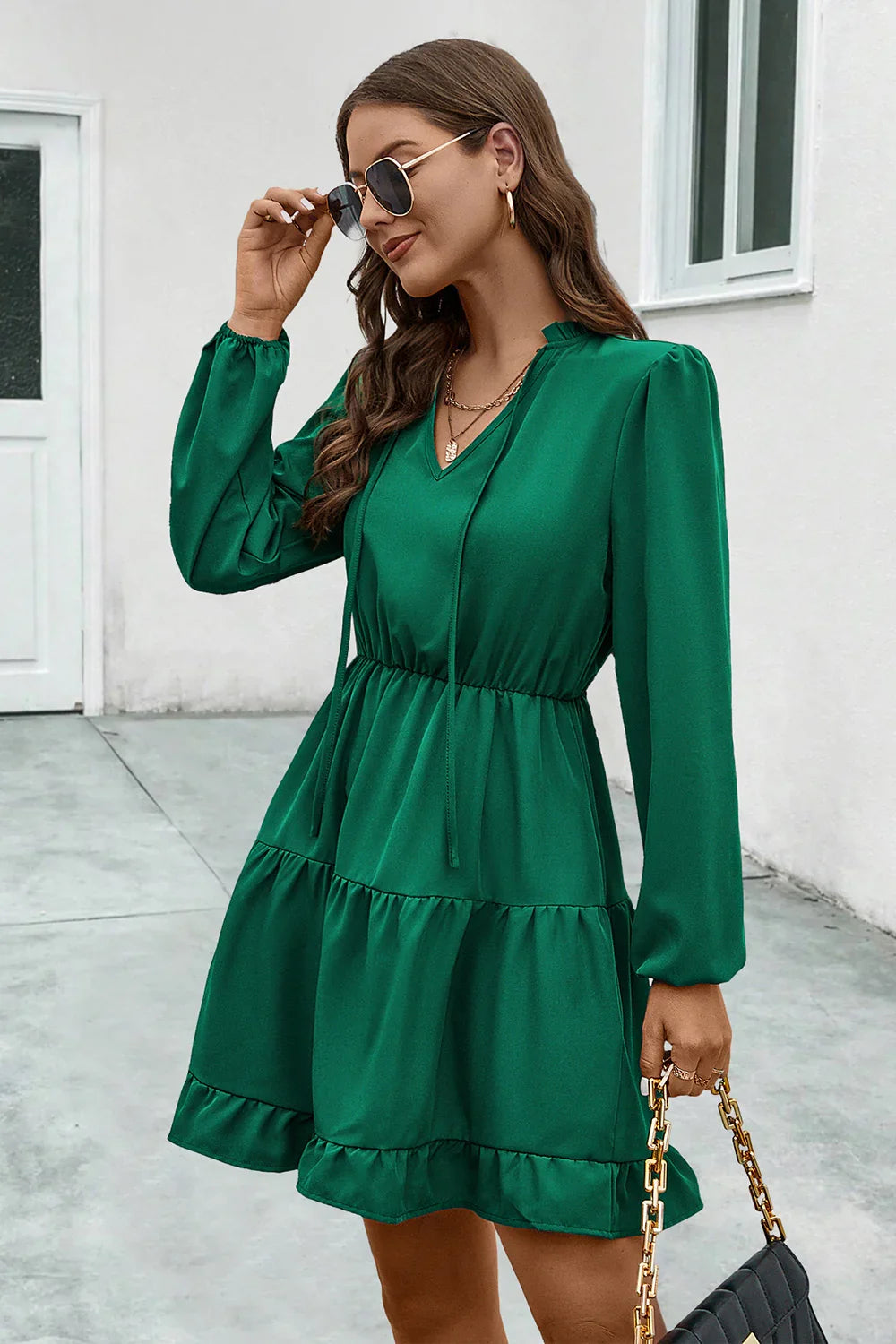V-Neck Tie Neck Long Sleeve Dress - Southern Shores Clothing
