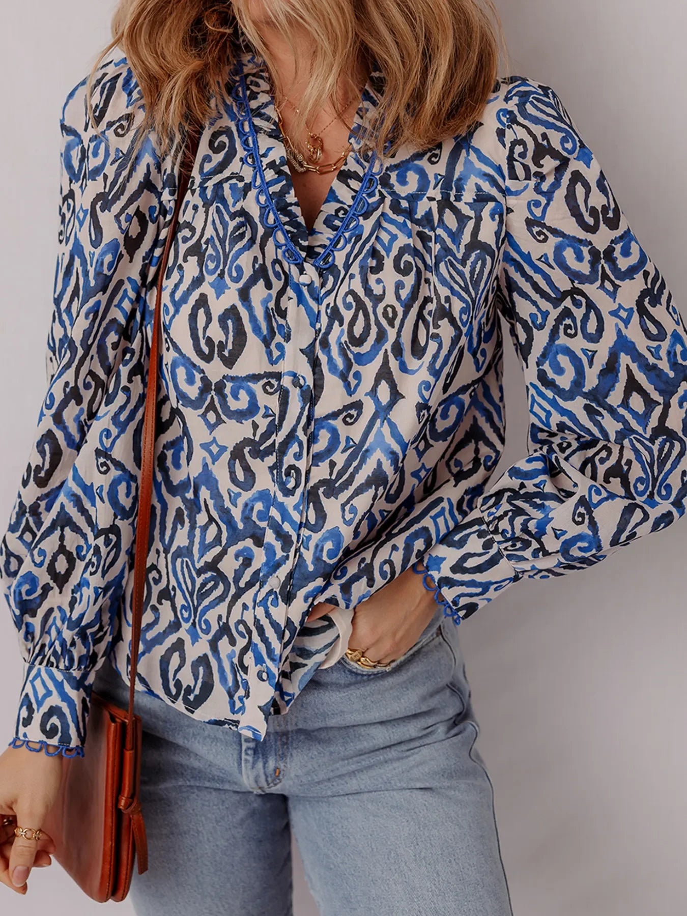Paisley Print Long Sleeve Cotton Blouse With Frill Trim - Southern Shores Clothing