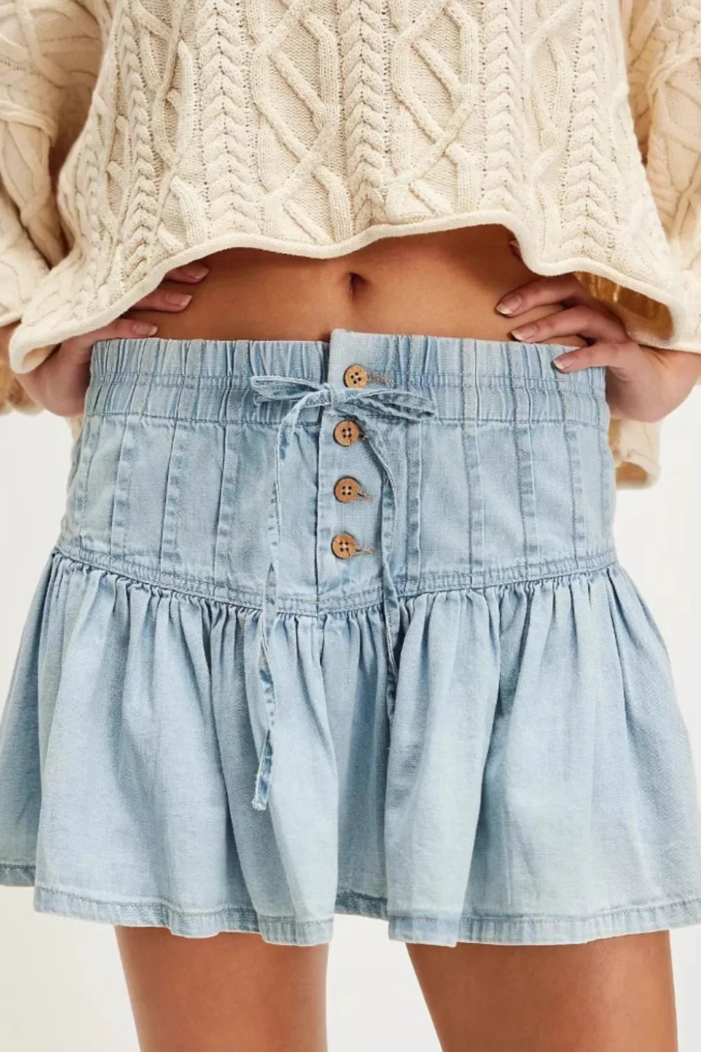 Buttoned Ruffled Mini Denim Skirt With Front Buttons - Southern Shores Clothing