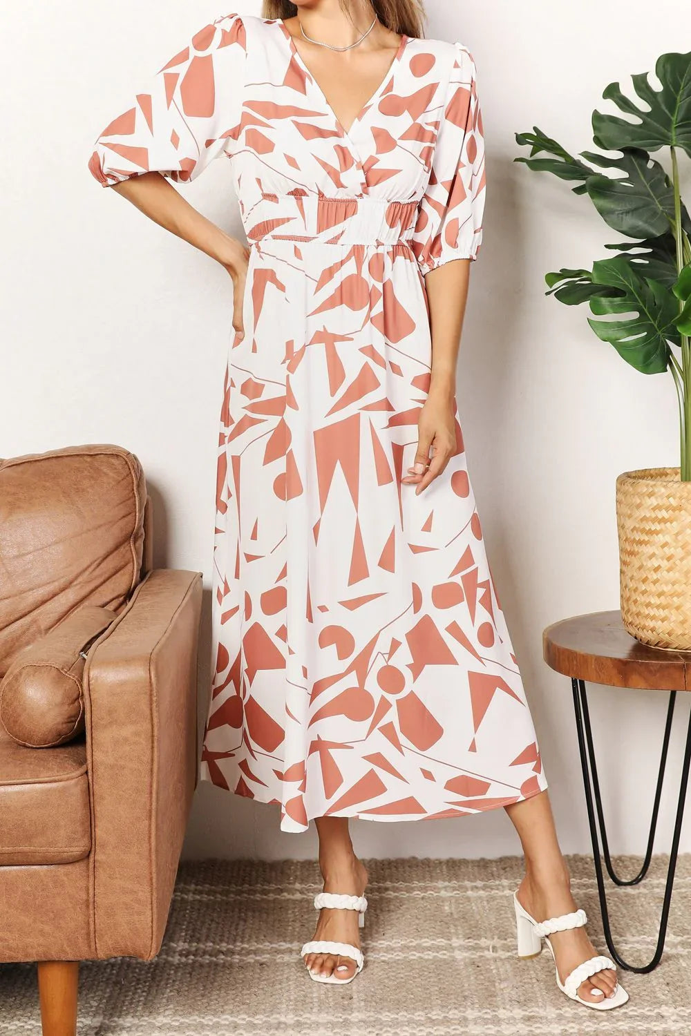 Printed Surplice Balloon Sleeve Dress Silhouette - Southern Shores Clothing