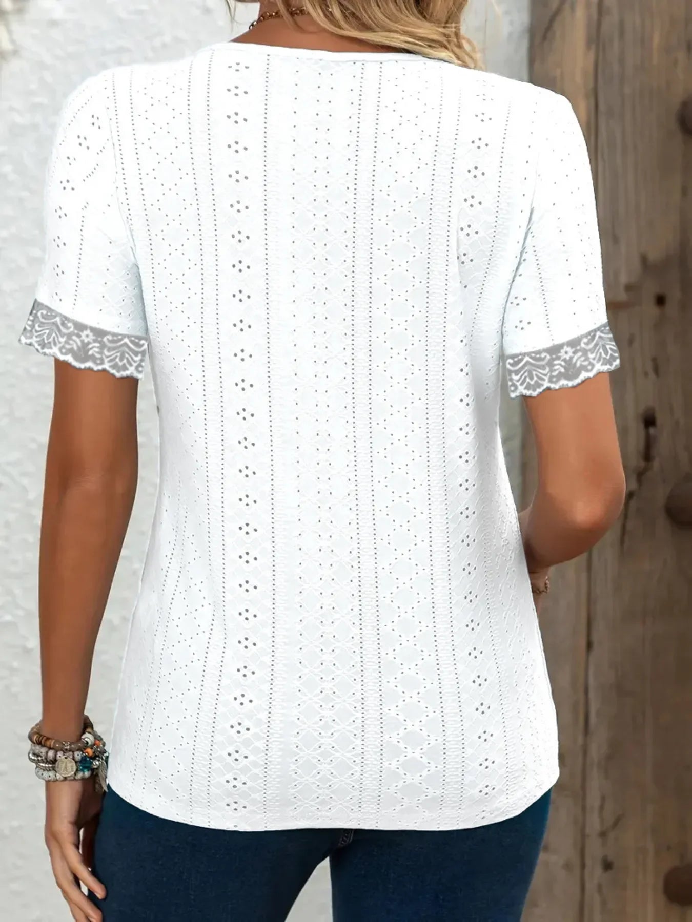 Eyelet Lace Trim Short Sleeve Blouse With Button - Southern Shores Clothing