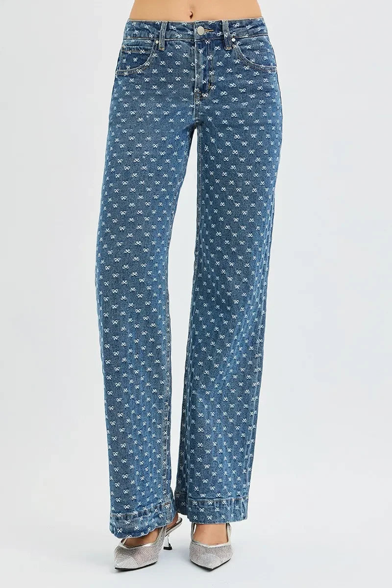 High Rise Wide Leg Bow Embroidered Denim Jeans - Southern Shores Clothing