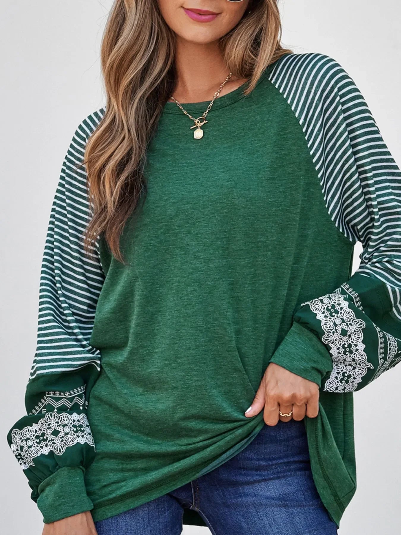 Contrast Print Striped Raglan Long Sleeve Loose Top - Southern Shores Clothing
