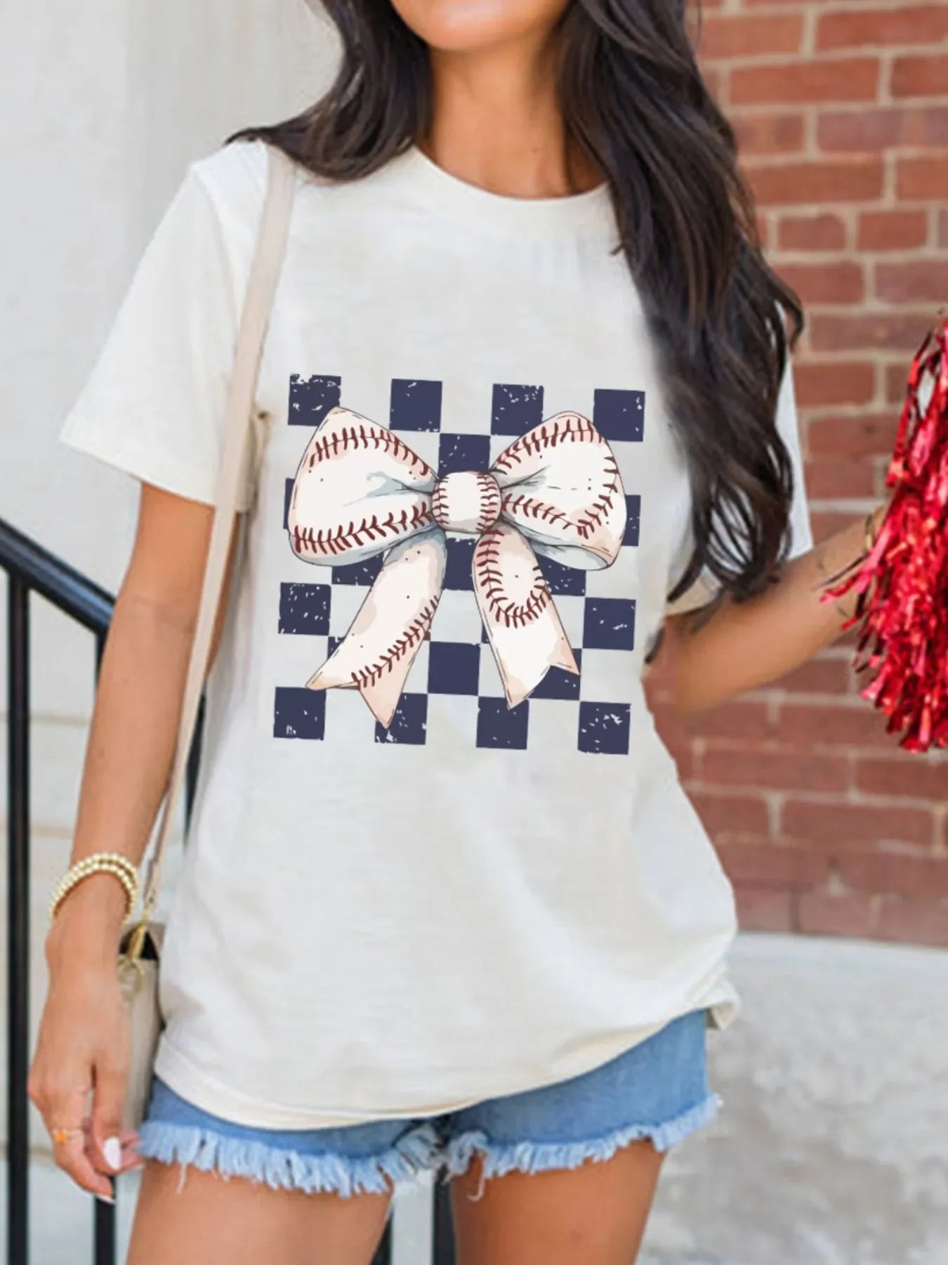 Checkered Bowknot Graphic Crew Neck T Shirt - Southern Shores Clothing