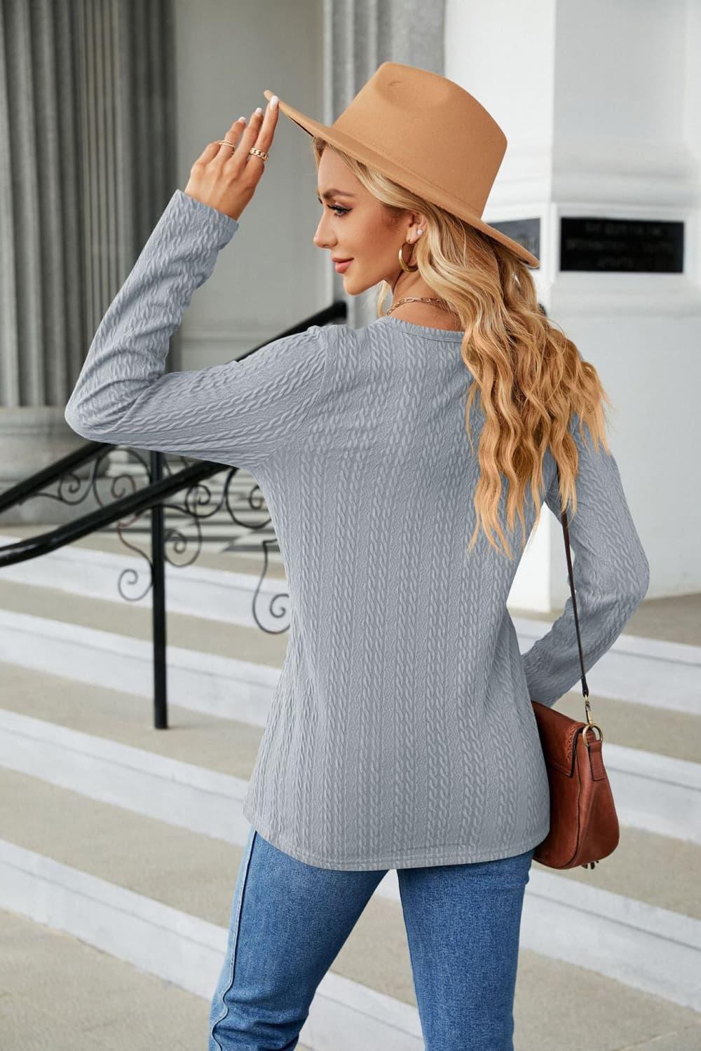 Casual Cable Knit Long Sleeve V-Neck T Shirt - Southern Shores Clothing