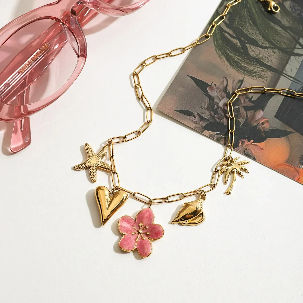 Coastal Beach Pendant Necklace With Pink Resin Flower Charm - Southern Shores Clothing