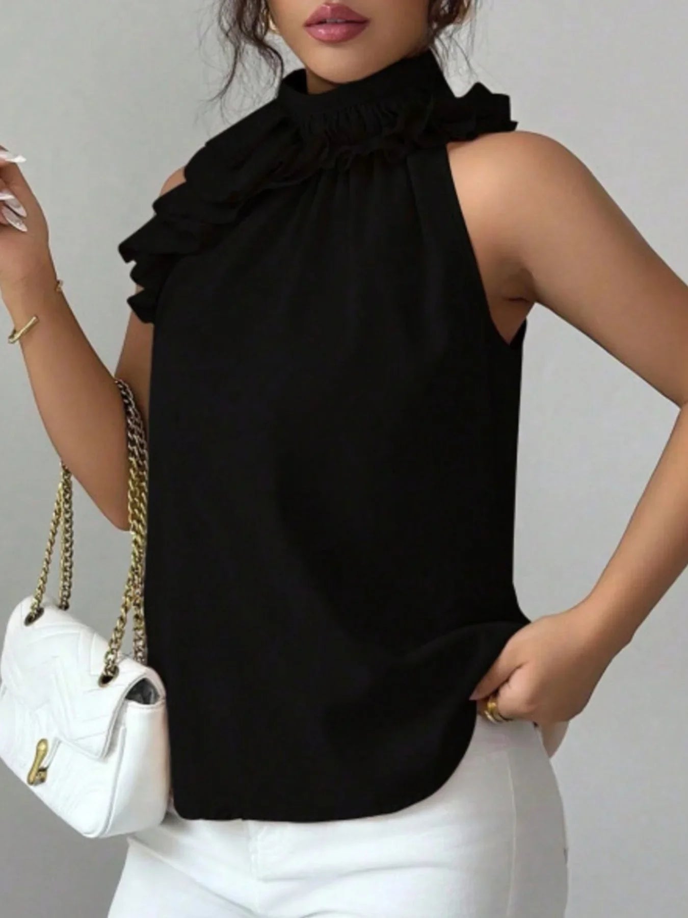 Ruffled High Neck Sleeveless Top With Draped Silhouette Detail - Southern Shores Clothing