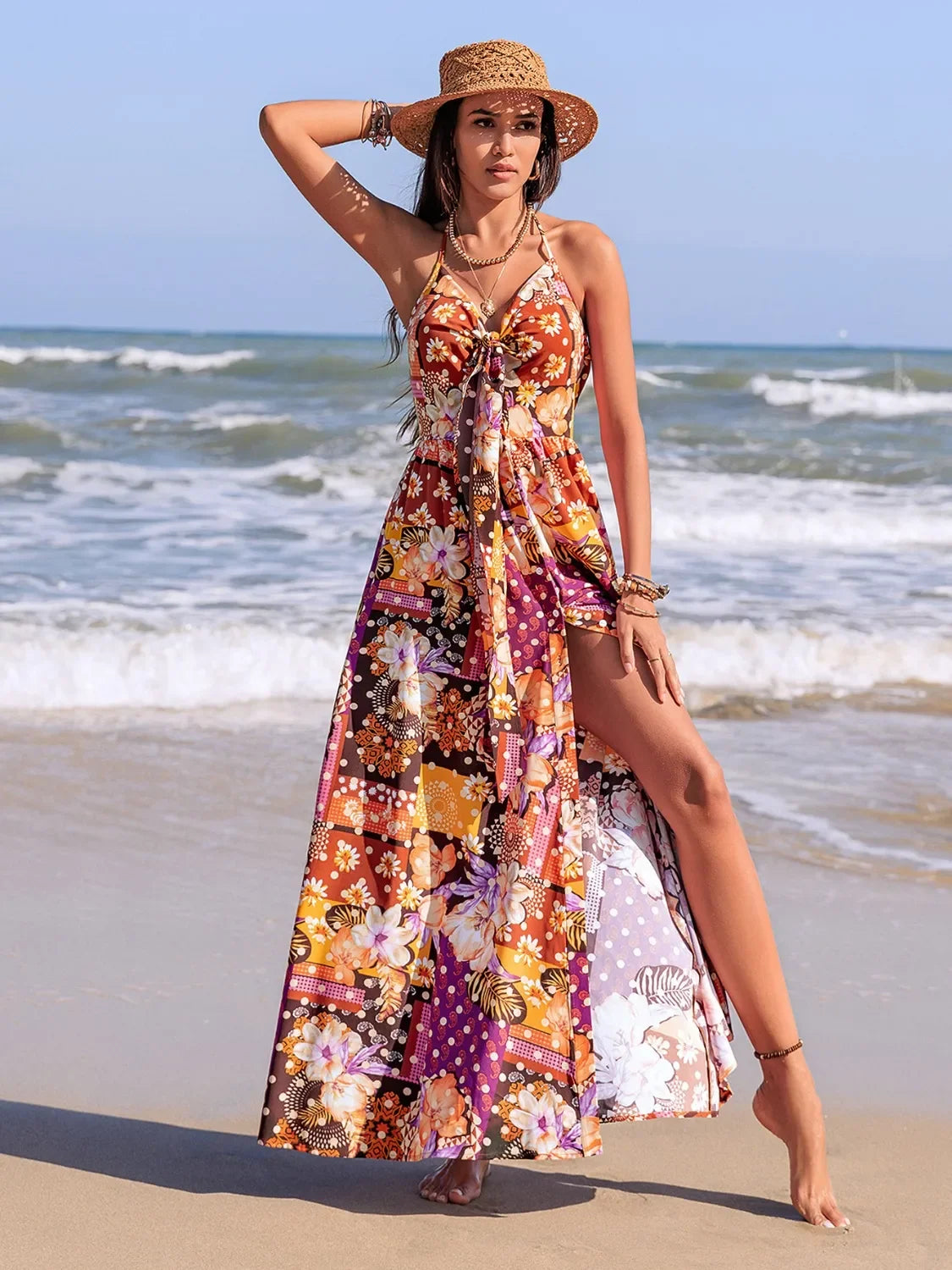 Slit Printed Halter Neck Cami Dress With Tie Front Allover - Southern Shores Clothing