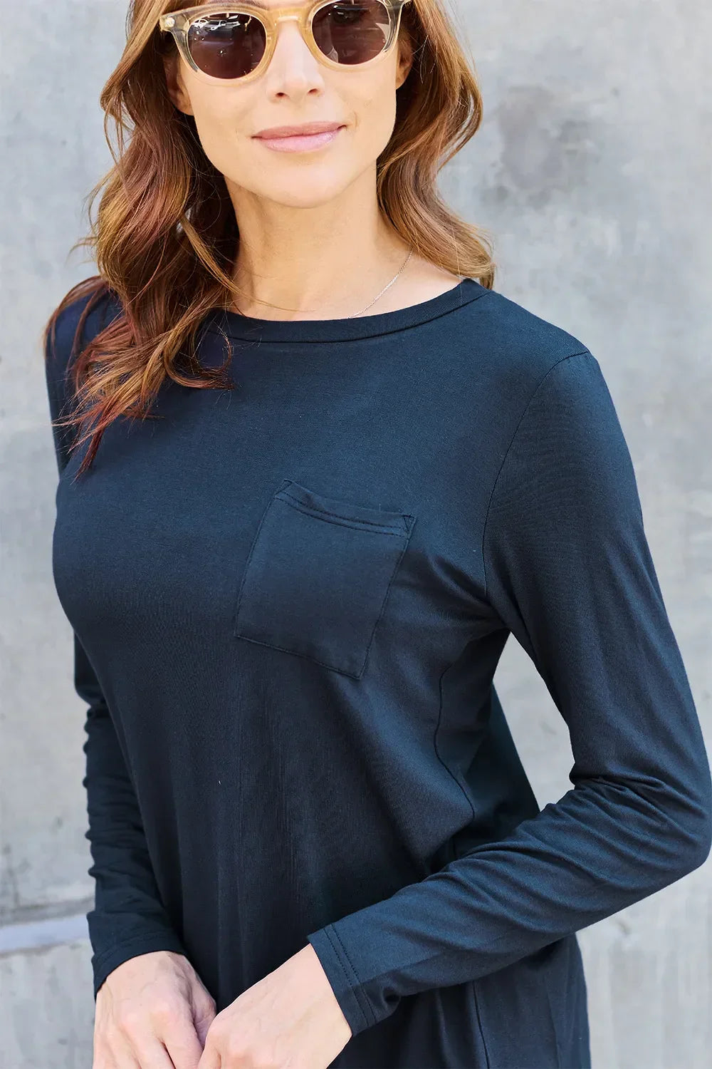 Round Neck Long Sleeve Top With Pockets Classic - Southern Shores Clothing