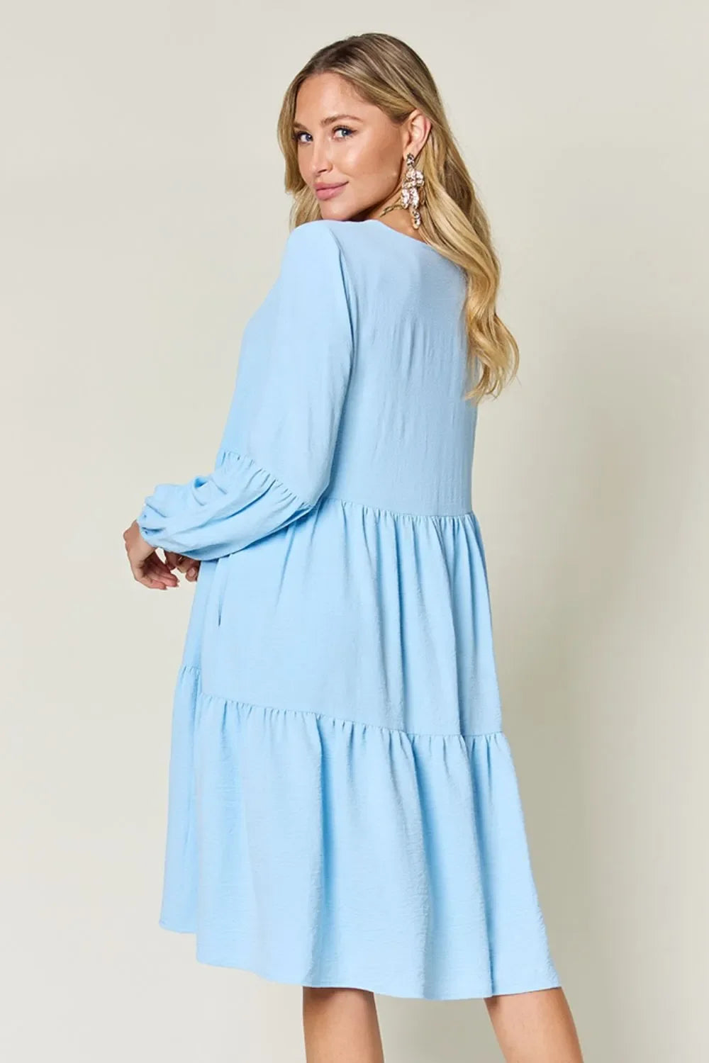 V Neck Balloon Sleeve Tiered Dress With Pockets - Southern Shores Clothing