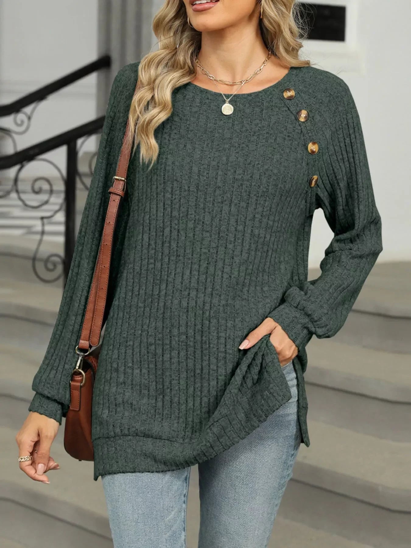 Round Neck Side Slit Ribbed Knit Top with Asymmetric Button Detail - Southern Shores Clothing