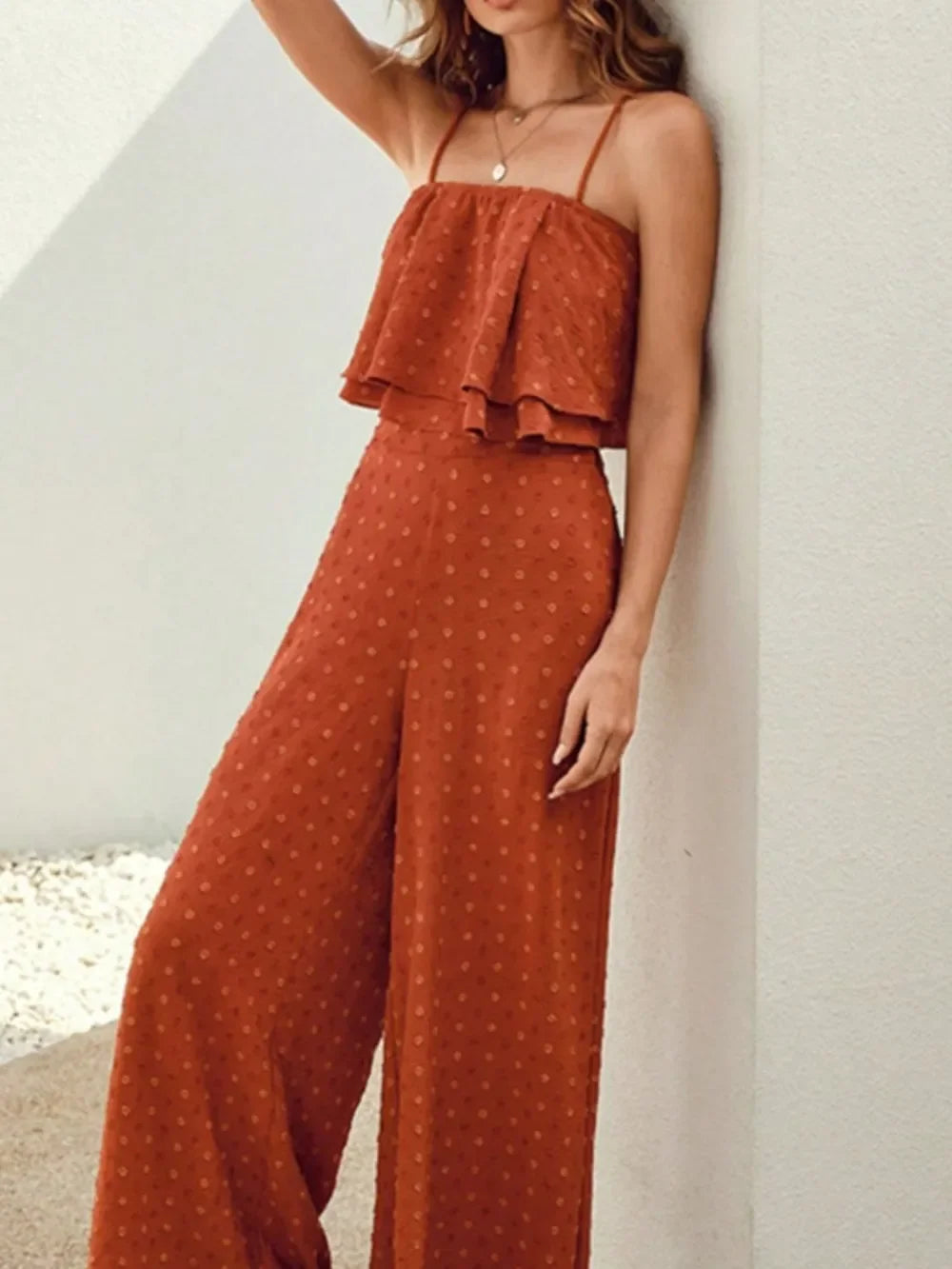 Swiss Dot Layered Cami And Wide Leg Pants Set Polyester Blend - Southern Shores Clothing