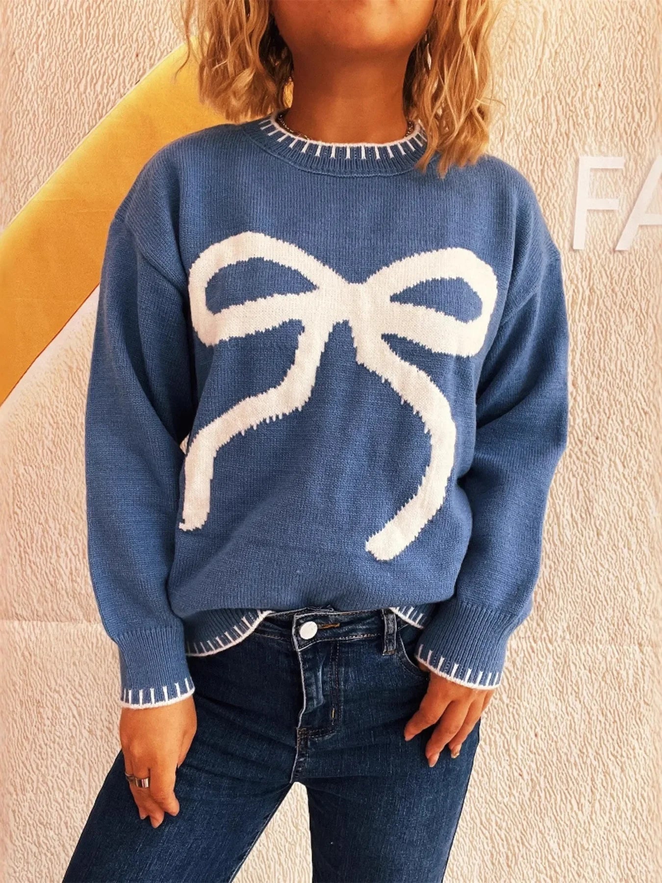 Bow Pattern Stretchy Knit Sweater Relaxed Fit - Southern Shores Clothing