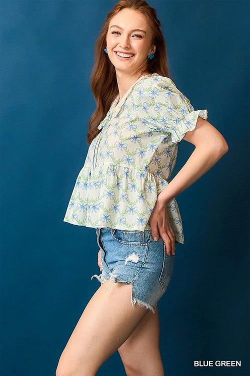 Lace Detail Bow Print Flounce Sleeve Blouse - Southern Shores Clothing