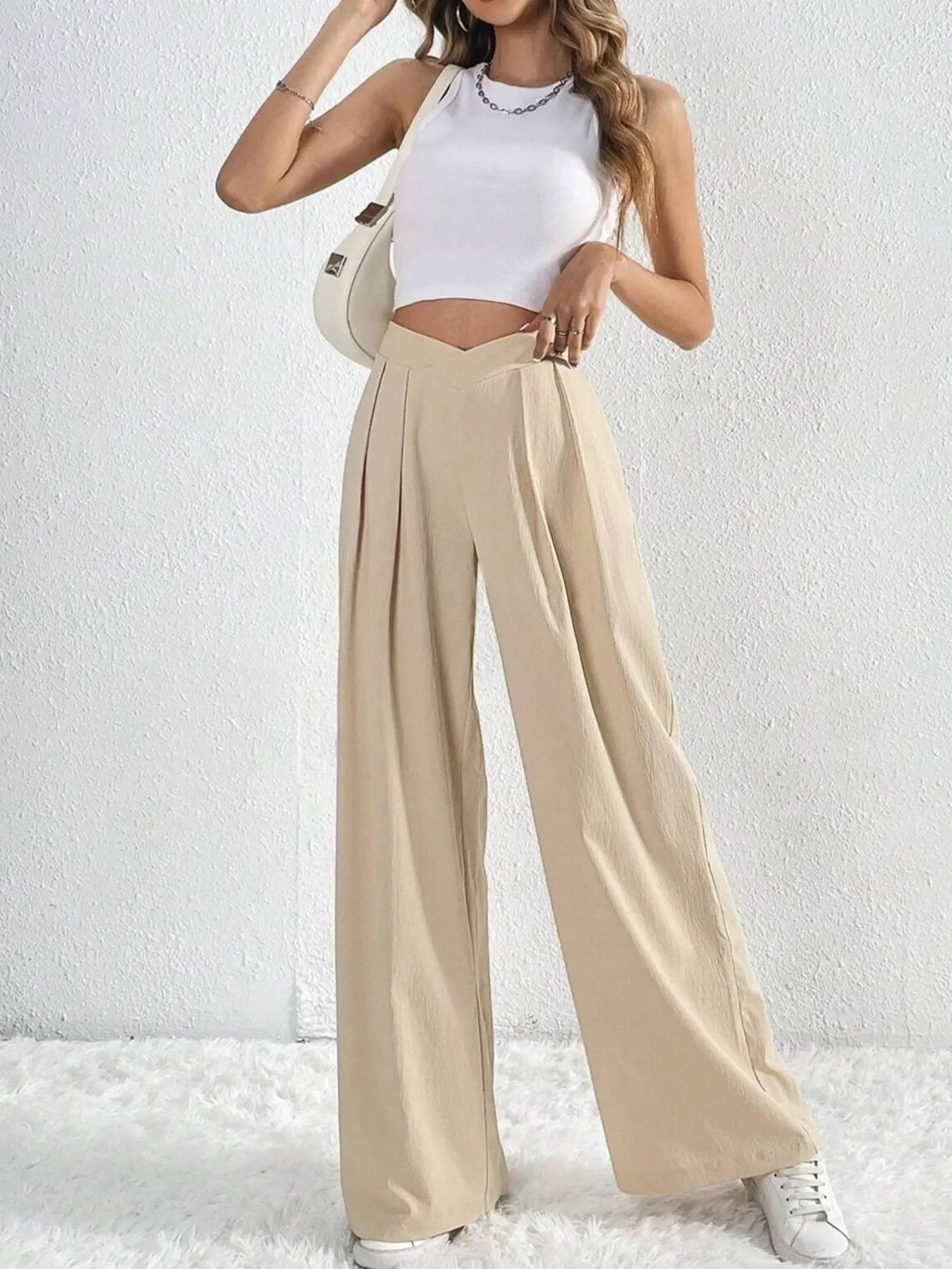 V-Waisted Ruched Front Flowing Wide Leg Pants Casual Wear - Southern Shores Clothing