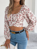 Floral Balloon Sleeve Square Neck Crop Blouse - Southern Shores Clothing