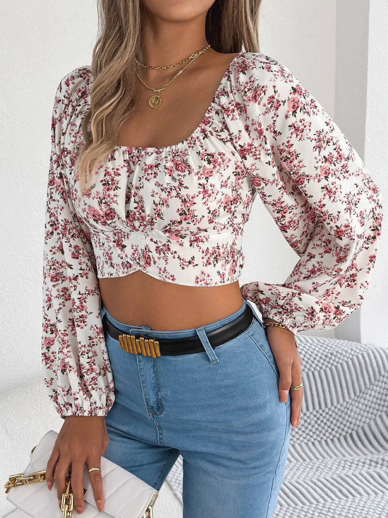 Floral Balloon Sleeve Square Neck Crop Blouse - Southern Shores Clothing
