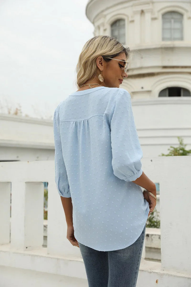 Swiss Dot Notched Neck Three-Quarter Sleeve Blouse - Southern Shores Clothing