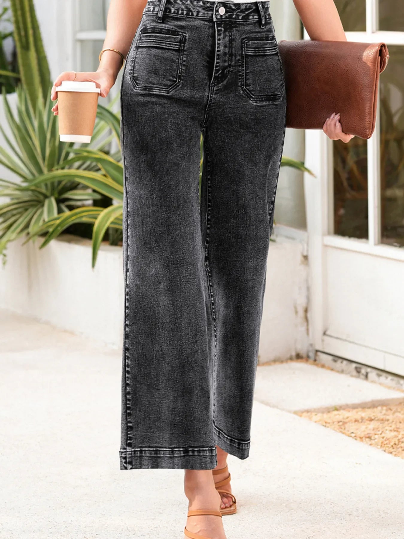 High Waisted Wide Leg Washed Denim Jeans