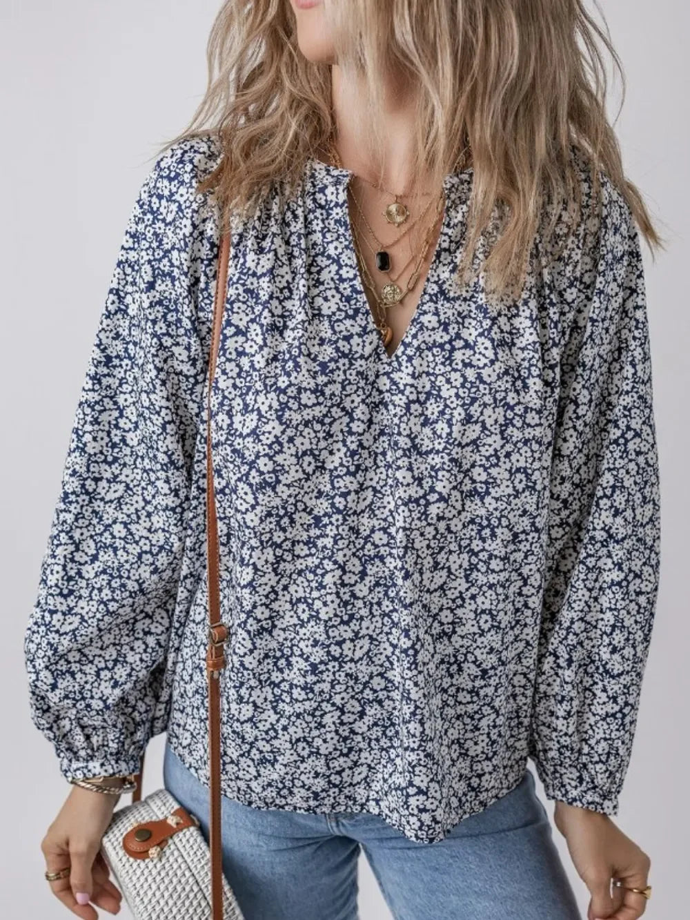 Elegant Floral Print Notched Long Sleeve Cotton Blouse - Southern Shores Clothing
