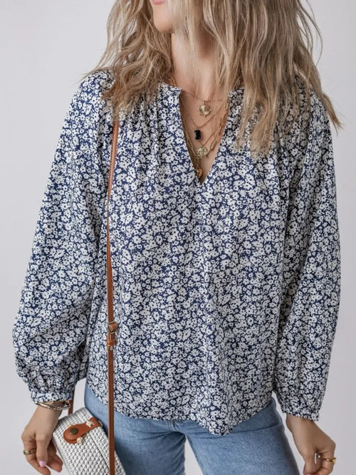Elegant Floral Print Notched Long Sleeve Cotton Blouse - Southern Shores Clothing