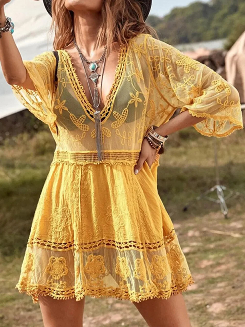Lace Detail Plunge Cover Up Dress One Size - Southern Shores Clothing