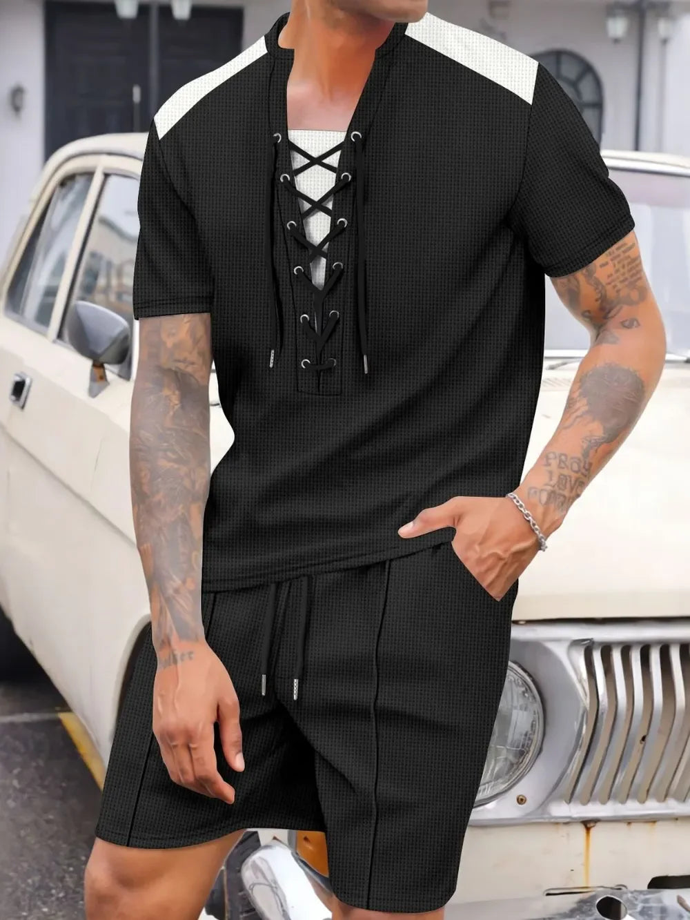 Men's Full Size Lace-Up Waffle Knit Top and Shorts Set Plus Size - Southern Shores Clothing