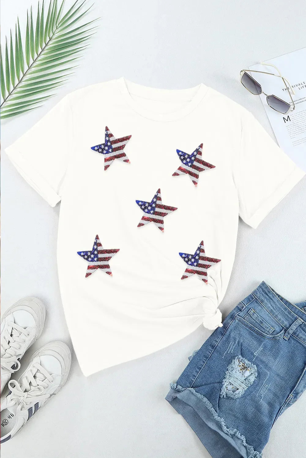 Sequin Star Round Neck Short Sleeve T Shirt Opaque Fabric - Southern Shores Clothing