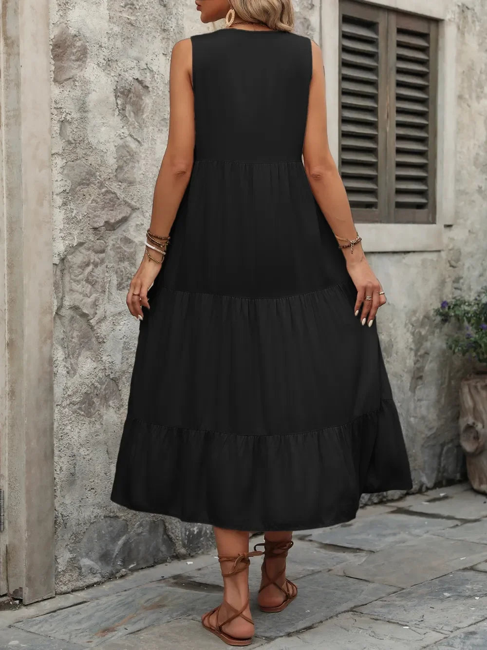 Notched Sleeveless Maxi Dress With Buttons - Southern Shores Clothing