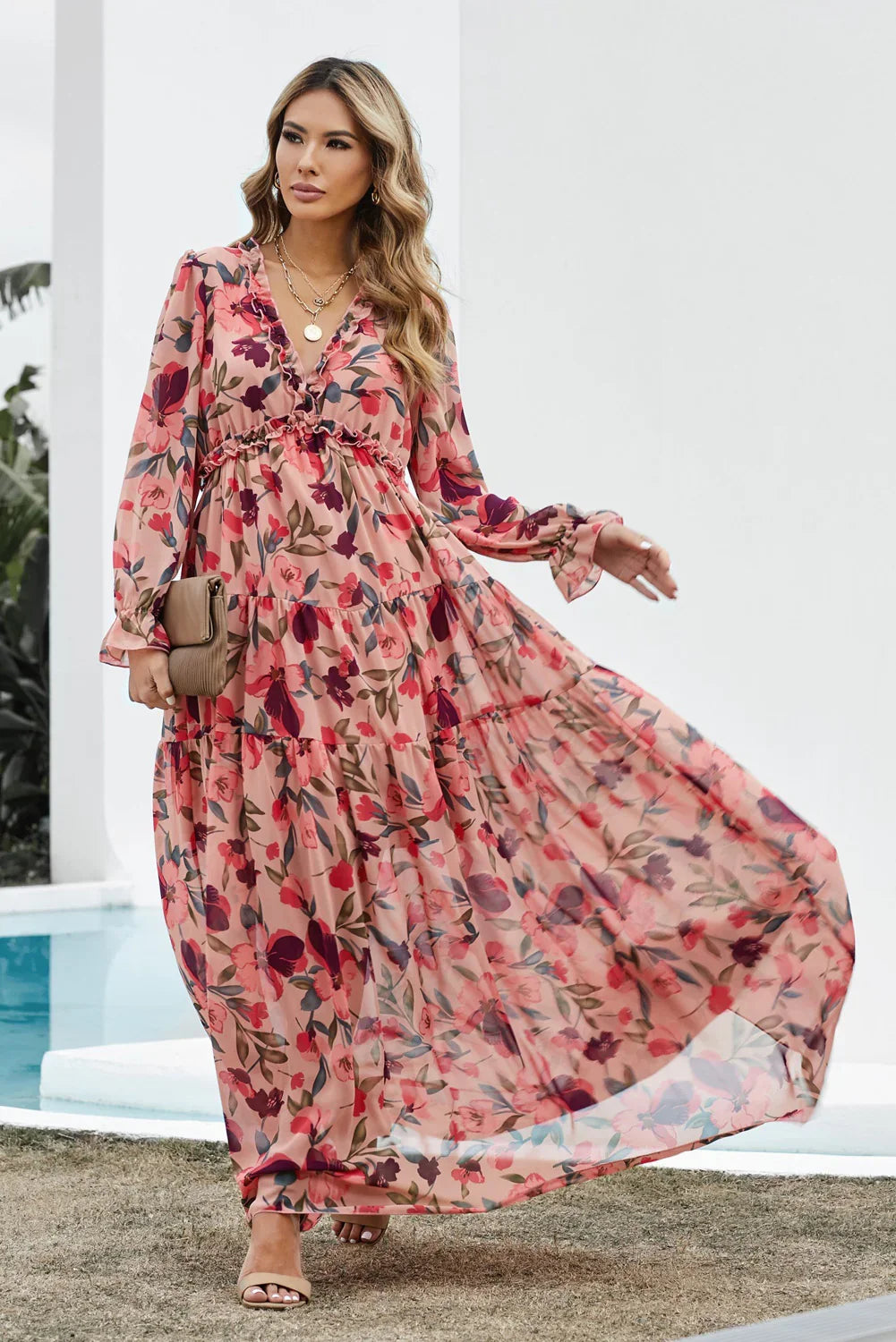 Floral Frill Trim Flounce Sleeve Plunge Maxi Dress - Southern Shores Clothing