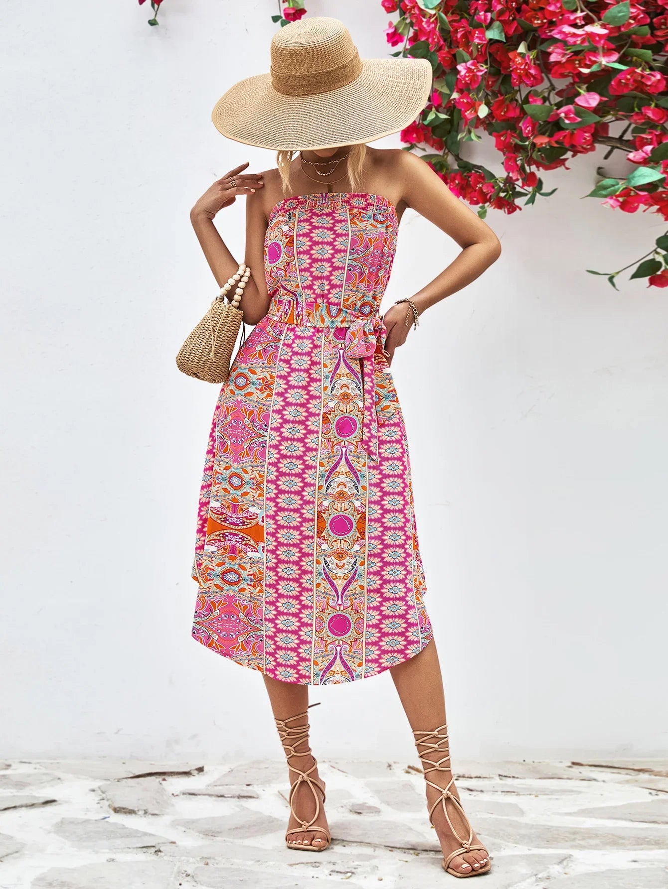 Printed Strapless Tie Belt Dress - Southern Shores Clothing