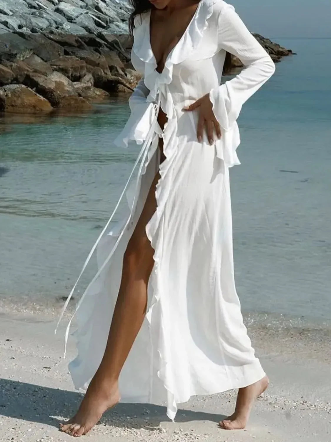 Ruffled Long Sleeve Beach Coverup Dress - Southern Shores Clothing