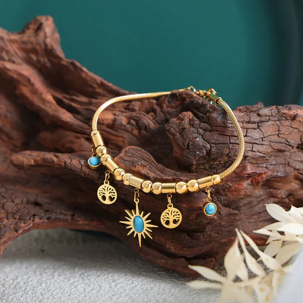 Gold Plated Titanium Steel Charm Bracelet Turquoise Accents - Southern Shores Clothing