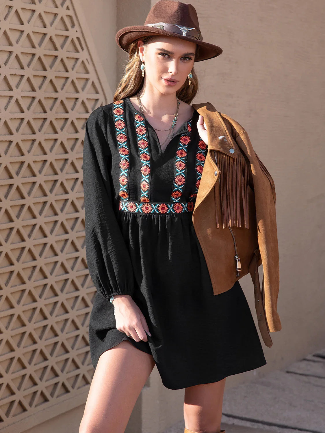 Notched Neck Long Sleeve Printed Mini Dress - Southern Shores Clothing