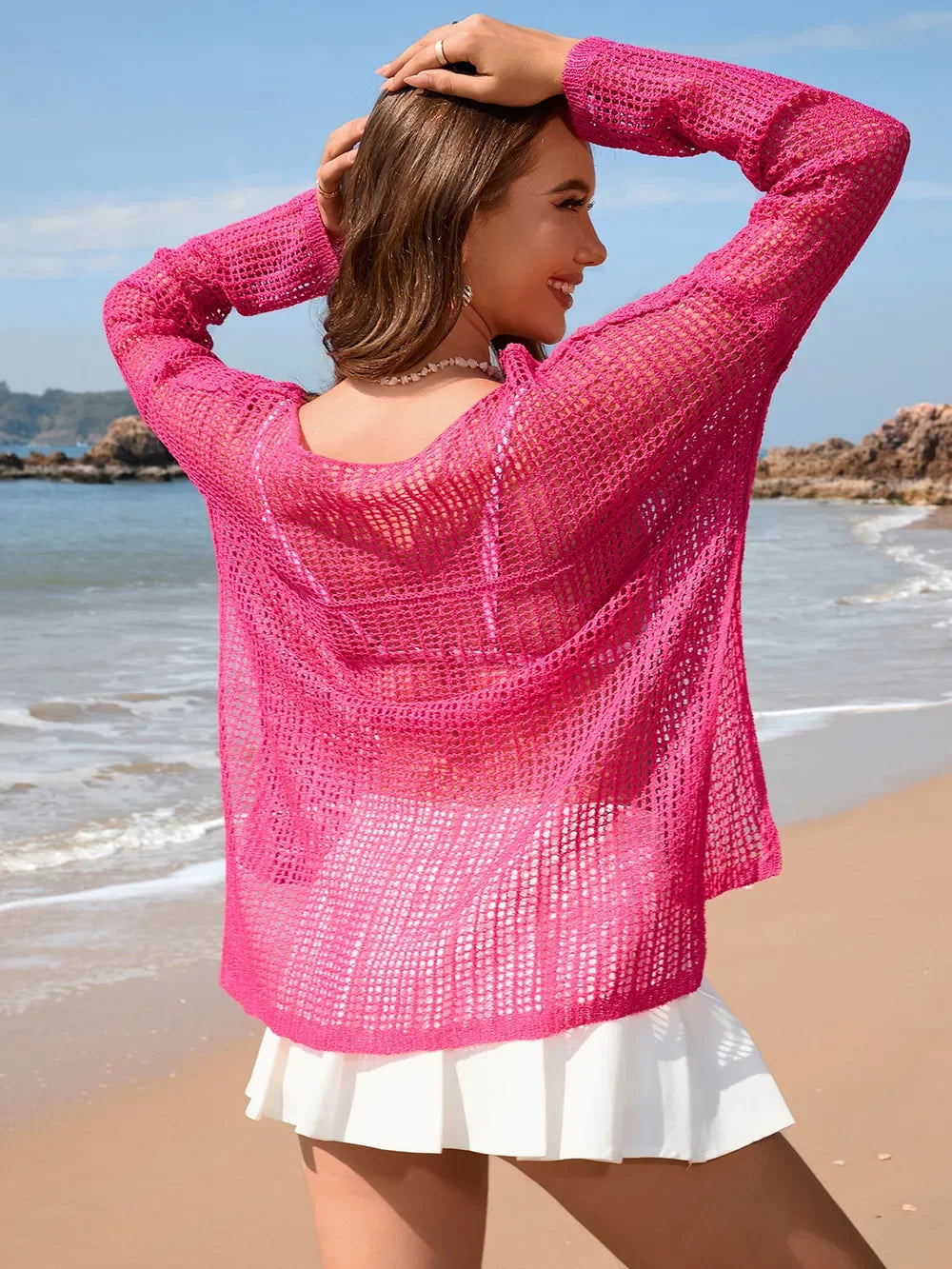 Openwork Slit Boat Neck Long Sleeve Cover-Up - Southern Shores Clothing