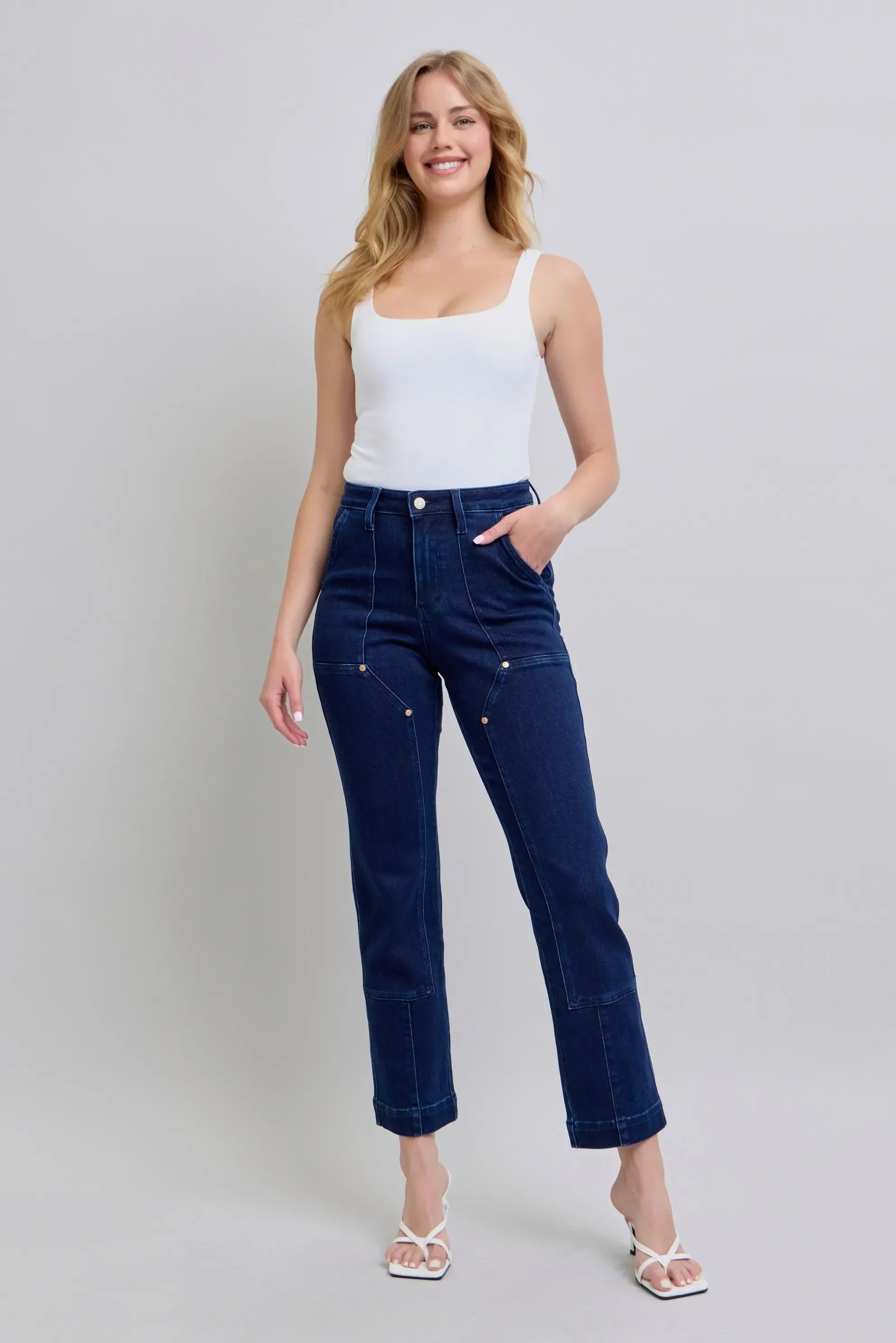 High-Waisted Knee Patch Straight Denim Jeans - Southern Shores Clothing