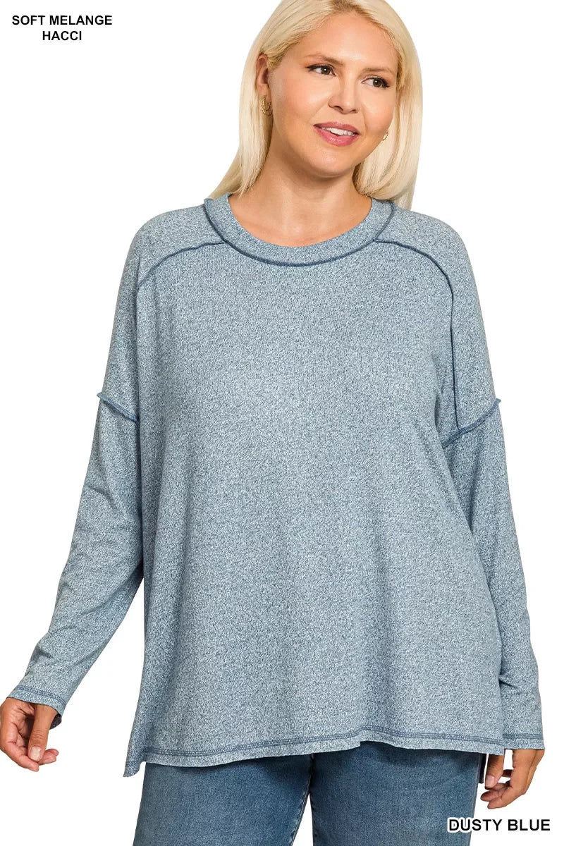 Plus Size Melange Hacci Exposed Seam Hi Low Tee - Southern Shores Clothing