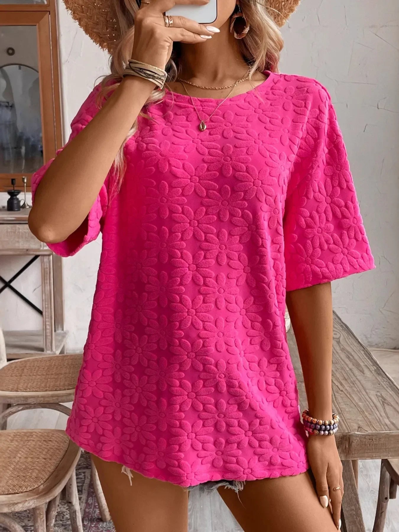 Textured Round Neck Oversized T Shirt With Stretchy Fabric - Southern Shores Clothing