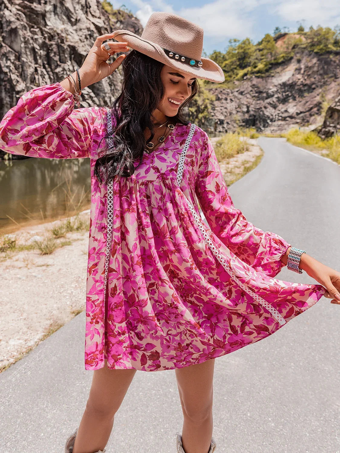 Long Sleeve V-Neck Mini Dress - Southern Shores Clothing