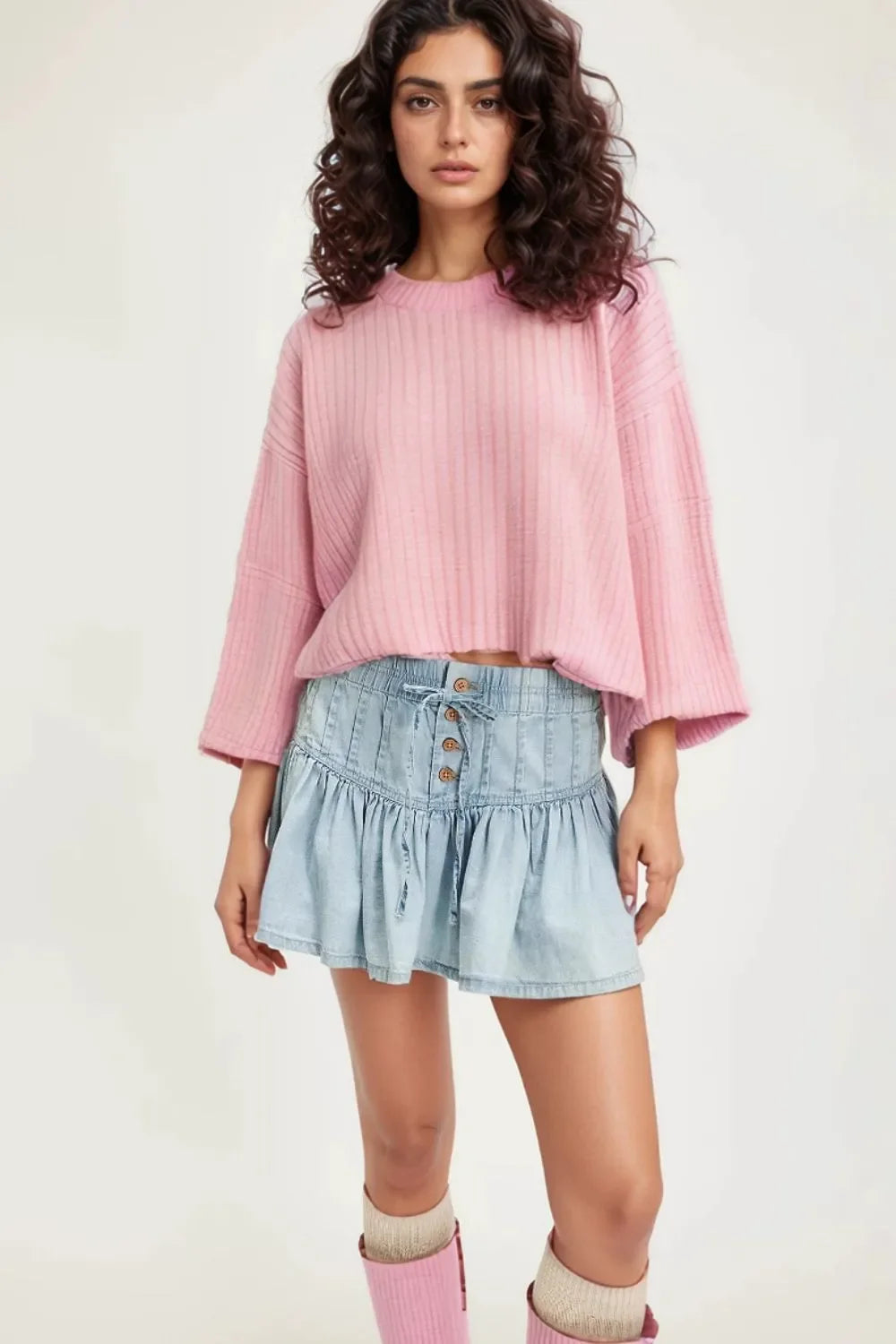 Buttoned Ruffled Mini Denim Skirt With Front Buttons - Southern Shores Clothing