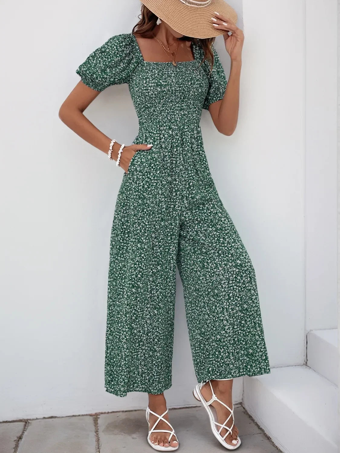 Printed Square Neck Puff Sleeve Jumpsuit - Southern Shores Clothing