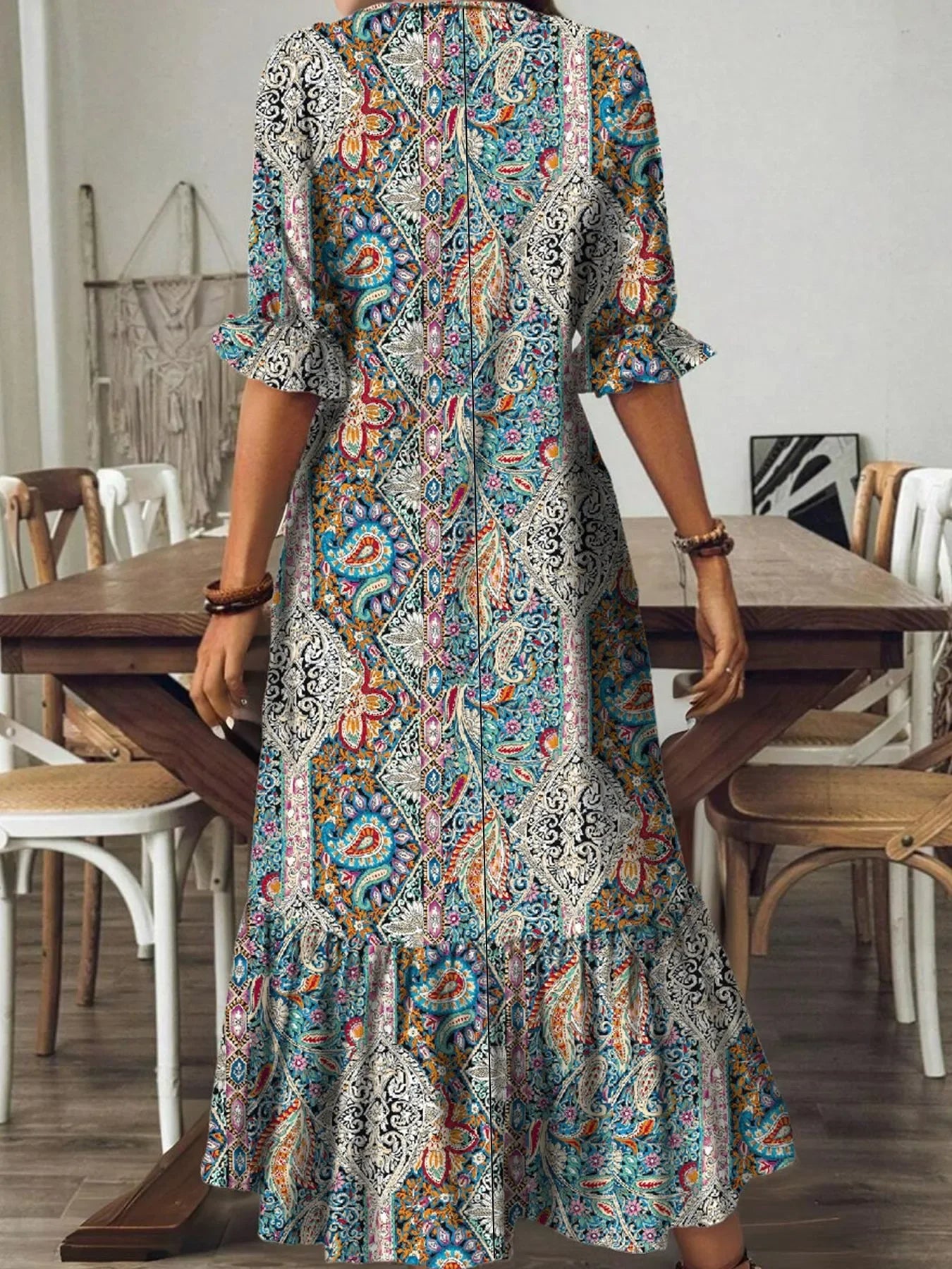Bohemian Paisley Print V Neck Tiered Midi Dress Pattern - Southern Shores Clothing