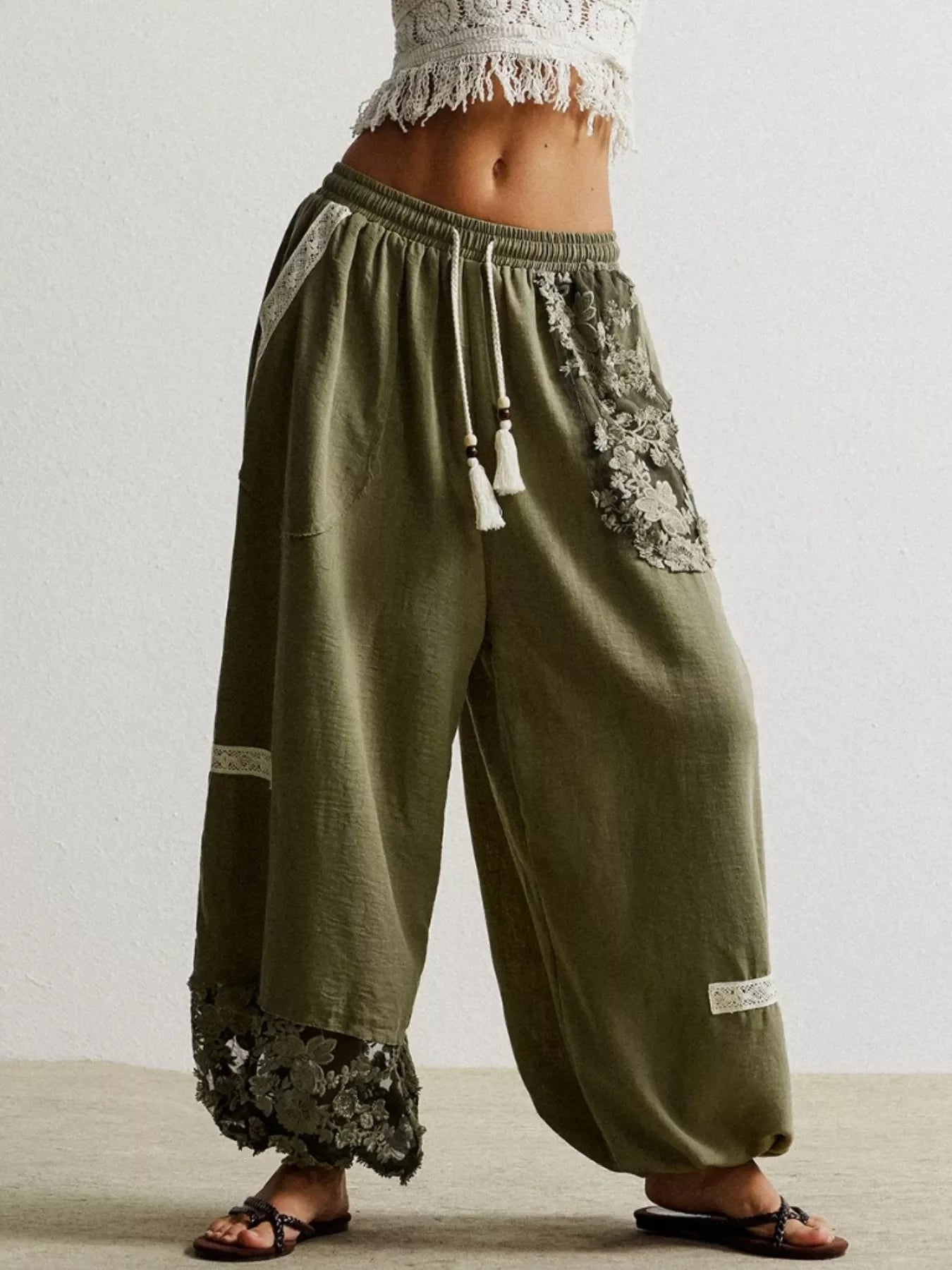 Breathable Lace Detail Drawstring Harem Pants Polyester - Southern Shores Clothing
